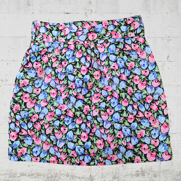 Zara Black Pink Pastel Floral Belted High Waisted Cottage Mini Skirt Size Small - Picture 8 of 8